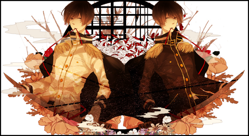 alternate_color axis_powers_hetalia bad_id bad_pixiv_id banned_artist border brown_eyes brown_hair dual_persona earrings empty_eyes epaulettes flower highres japan_(hetalia) jewelry katana male_focus matsumoto_ichiko military military_uniform multiple_boys plant player_2 red_string short_hair string sword uniform weapon