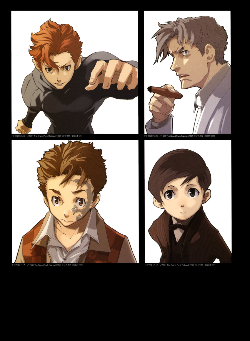 4boys absurdres baccano! black_background black_hair brown_eyes brown_hair cigarette claire_stanfield coat czeslaw_meyer enami_katsumi grey_hair highres jacuzzi_splot ladd_russo long_sleeves looking_up male_focus multiple_boys necktie official_art open_mouth photoshop_(medium) scan shirt short_hair simple_background smoking tattoo teeth vest