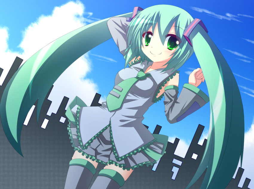 aqua_hair bad_id bad_pixiv_id detached_sleeves female green_eyes hatsune_miku long_hair necktie shefu skirt smile solo thighhighs twintails very_long_hair vocaloid zettai_ryouiki