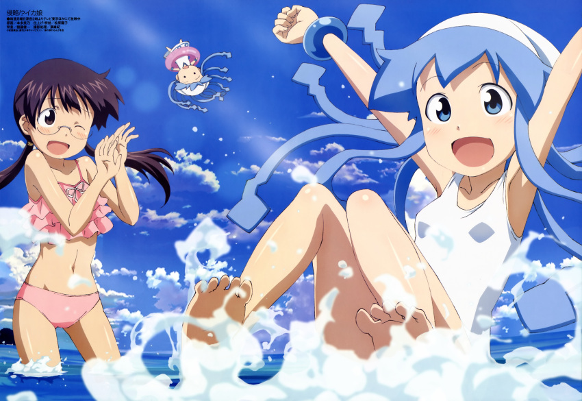 3girls ;d absurdres armpits arms_up beach bikini blue_eyes blue_hair blush bracelet brown_hair chibi day frilled_bikini frills glasses hat highres honda_yoshino ikamusume innertube jewelry long_hair megami_magazine mini-ikamusume multiple_girls official_art one-piece_swimsuit one_eye_closed open_mouth outdoors sakura_kiyomi shinryaku!_ikamusume smile splashing swim_ring swimsuit tentacle_hair twintails water