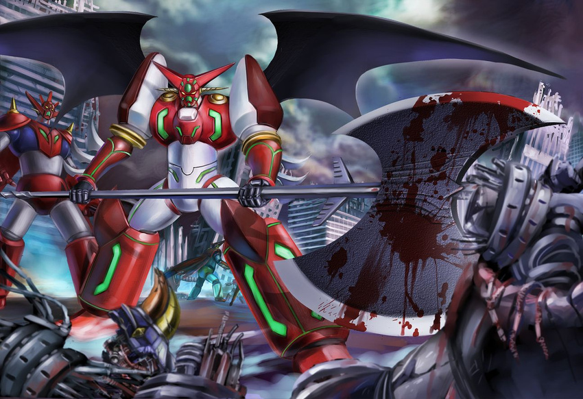 axe blood blood_stain city collateral_damage commentary_request damaged debris getter-1 getter_dragon getter_robo getter_robo_g grendizer mazinger_(series) mecha mecha_focus no_humans retro_artstyle robot shin_getter-1 shin_getter_robo super_robot ufo_robo_grendizer weapon yusao