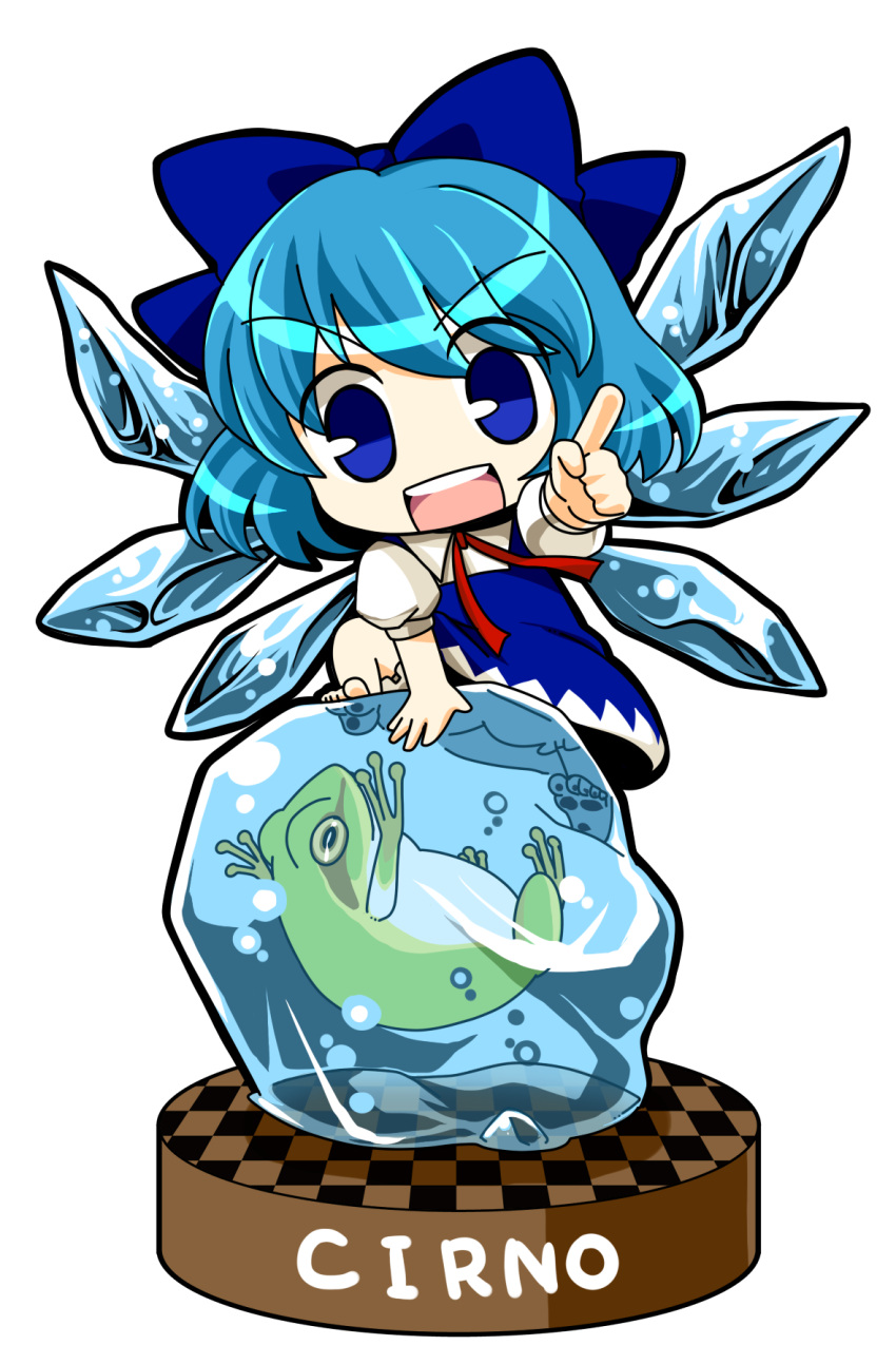 barefoot blue_eyes blue_hair bow character_name checkered chibi cirno commentary_request dress female frog frozen_frog hairbow highres ice md5_mismatch open_mouth partial_commentary ribbon short_hair smile socha solo touhou transparent_background wings