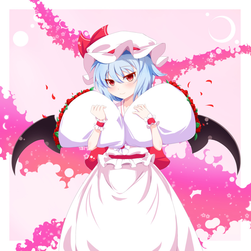 bat_wings blue_hair bouquet commentary_request dress female flower frills hat highres meracle petals photoshop_(medium) red_eyes red_flower red_rose remilia_scarlet ribbon rose rose_petals smile solo touhou wings wrist_cuffs