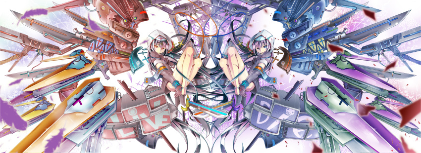 2girls arrow_(symbol) bad_id bad_pixiv_id blue_eyes blue_hair cable cross eiyuu_chronicle elbow_gloves feathers gloves habit highres kin-iro_no_puu knife long_hair mecha monitor multiple_girls nun original photoshop_(medium) purple_hair red_eyes revision robot sword symmetry weapon