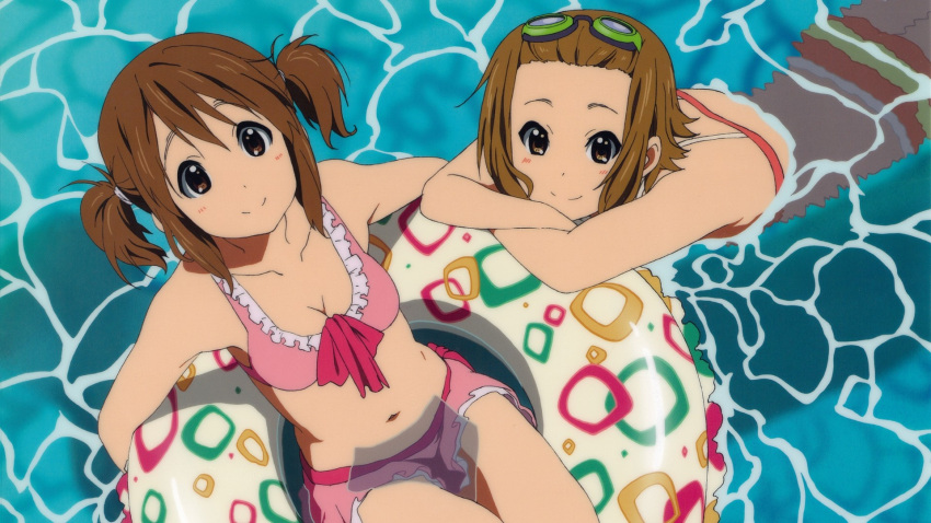 2girls afloat alternate_hairstyle bikini bikini_skirt breasts clear_file_(medium) cleavage color_issue frilled_bikini frills from_above goggles goggles_on_head highres hirasawa_yui innertube k-on! light_smile looking_at_viewer looking_up multiple_girls official_art pink_bikini satou_tatsuya scan short_twintails small_breasts striped_bikini striped_clothes swim_ring swimsuit tainaka_ritsu twintails water