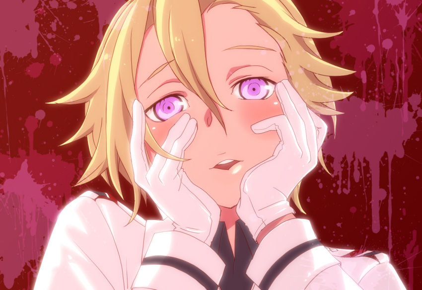 1boy bad_id bad_pixiv_id blonde_hair daryl_yan gloves guilty_crown hands_on_own_cheeks hands_on_own_face littlebird-idel male_focus open_mouth parody portrait pun solo yandere_trance