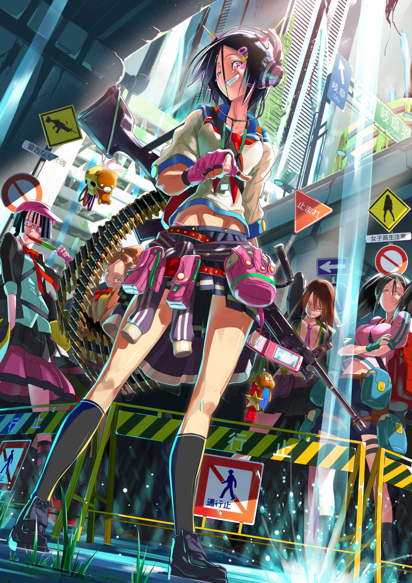 5girls absurdres ammunition bad_id bad_pixiv_id bag bear black_hair blazer blush breasts brown_hair charm_(object) clothes_around_waist eating fingerless_gloves food from_below glasses gloves grin gun hair_ornament hairclip headphones highres jacket jacket_around_waist long_hair machine_gun makokujira medium_breasts mouth_hold multiple_girls necktie one_eye_closed original photoshop_(medium) pointing popsicle pouch school_uniform serafuku short_hair sign smile splashing star_(symbol) toy water weapon