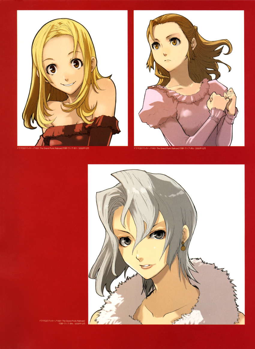 3girls absurdres baccano! blonde_hair brown_hair collage enami_katsumi eve_genoard grey_hair highres long_hair miria_harvent multiple_girls official_art photoshop_(medium) red_background scan short_hair simple_background sylvie_lumiere