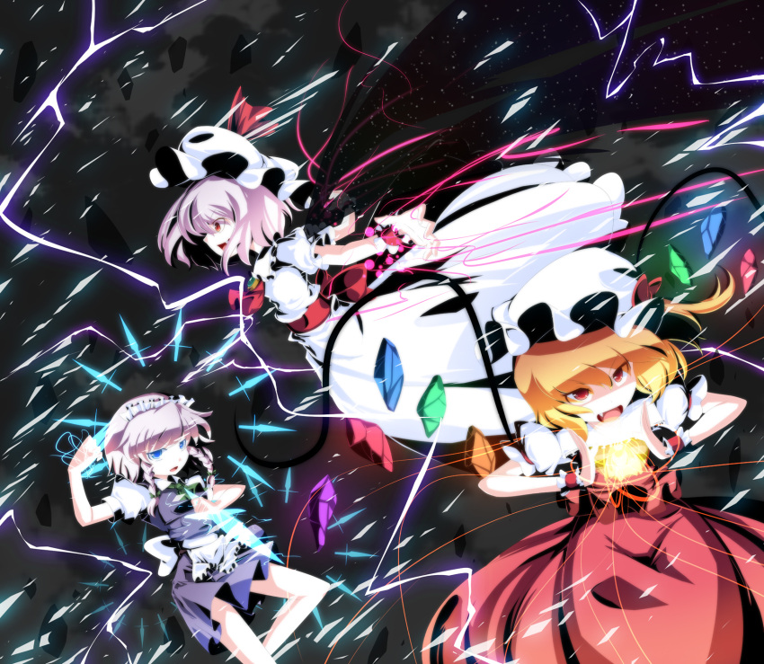 3girls bat_wings blonde_hair blue_eyes braid commentary_request danmaku electricity flandre_scarlet glowing glowing_eyes grey_hair hat highres izayoi_sakuya knife maid maid_headdress meracle multiple_girls oerba_yun_fang photoshop_(medium) purple_hair red_eyes remilia_scarlet ribbon siblings side_ponytail sisters smile touhou twin_braids vampire wings