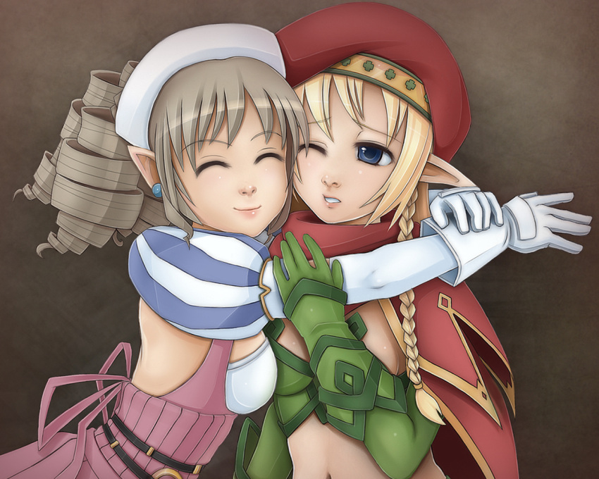 2girls ^_^ alleyne_(queen's_blade) beret blonde_hair blue_eyes braid breasts cape closed_eyes drawfag drill_hair earrings elbow_gloves elf fighting_master_alleyne gloves hat hug iron_princess_ymir jewelry lips midriff multiple_girls navel nose one_eye_closed photoshop_(medium) pointy_ears queen's_blade side_braid small_breasts smile ymir_(queen's_blade)