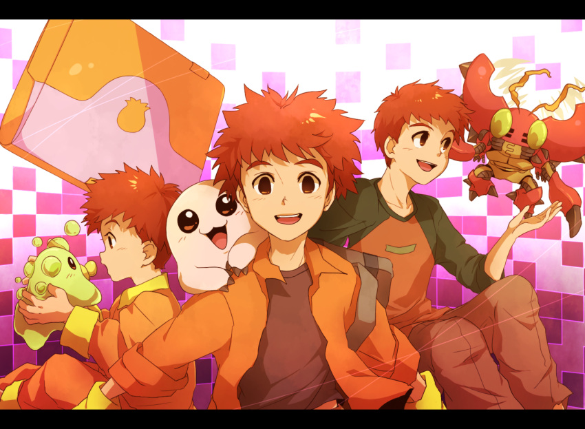 3boys :o backpack bad_id bad_pixiv_id bag brown_eyes brown_hair brown_pants bubbmon bug computer digimon digimon_(creature) digimon_adventure digimon_adventure_02 evolutionary_line flying gloves izumi_koshiro jacket laptop letterboxed male_focus mimxxpk mochimon multiple_boys multiple_persona open_mouth orange_shirt pajamas pants raglan_sleeves shirt tentomon time_paradox yellow_gloves