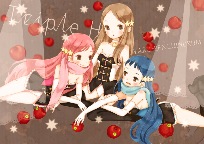 3girls apple bad_id bad_pixiv_id blue_hair boots brown_hair double-h_(mawaru_penguindrum) elbow_gloves food fruit gloves hair_ornament highres isora_hibari long_hair lying mawaru_penguindrum mizutamako multiple_girls on_stomach photoshop_(medium) pink_hair scarf smile star_(symbol) takakura_himari thigh_boots thighhighs utada_hikari