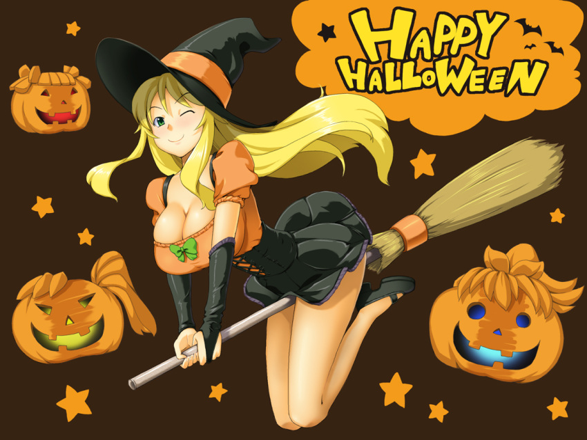 blonde_hair breasts broom broom_riding brown_background cleavage commentary_request female green_eyes halloween happy_halloween hat hoshii_miki idolmaster idolmaster_(classic) jack-o'-lantern kawanuma_uotsuri large_breasts long_hair one_eye_closed pumpkin smile solo witch witch_hat