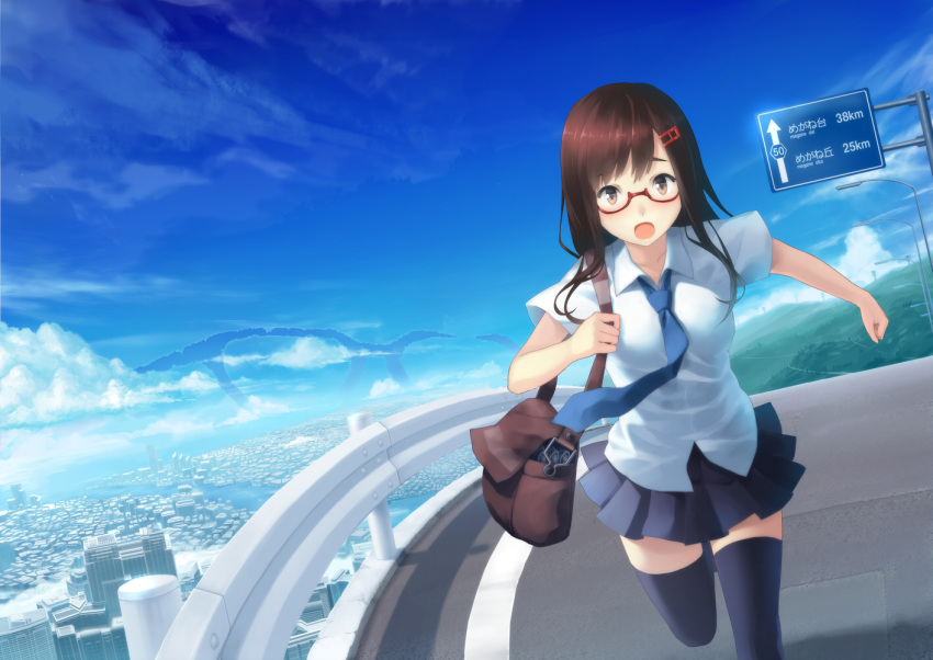 :o bag black_thighhighs blush brown_eyes brown_hair cityscape cloud commentary_request day female glasses guard_rail hair_ornament hairclip handbag highway izumi_sai long_hair looking_at_viewer miniskirt necktie open_mouth original outdoors oversized_object pleated_skirt red-framed_eyewear road_sign running school_uniform shoulder_bag sign skirt sky solo thighhighs traffic_barrier when_you_see_it zettai_ryouiki