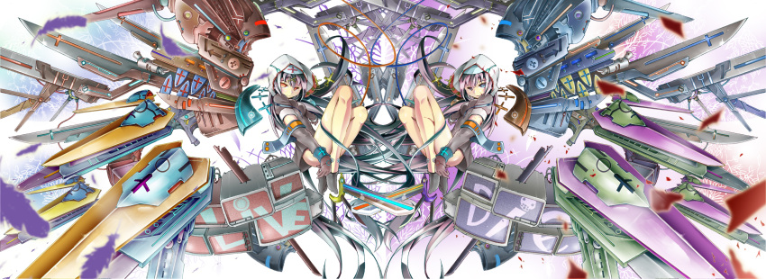 2girls arrow_(symbol) blue_eyes blue_hair cable cross eiyuu_chronicle elbow_gloves feathers gloves habit highres kin-iro_no_puu knife long_hair mecha monitor multiple_girls nun original photoshop_(medium) purple_hair red_eyes robot sword symmetry weapon