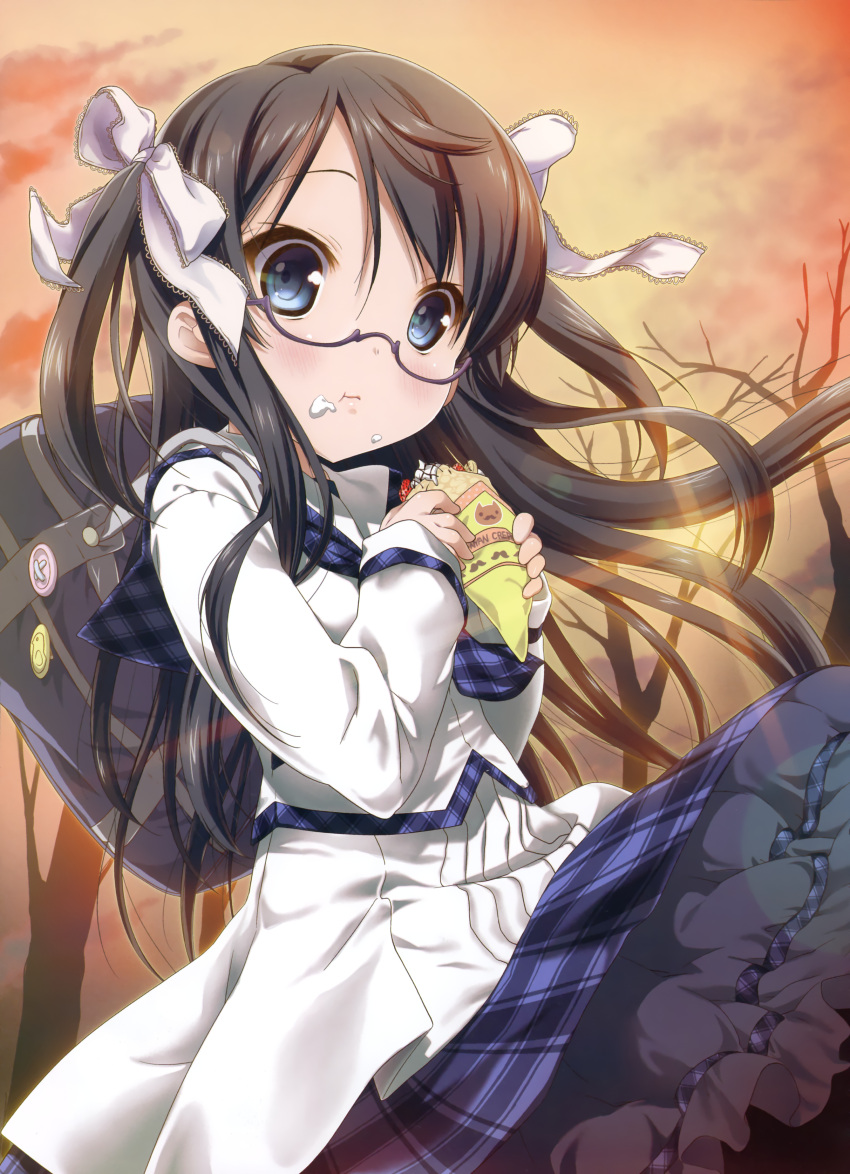 :t absurdres backpack bag black_hair blue_eyes blush cream crepe eating female food food_on_face fruit glasses hair_ribbon half_rim_glasses highres long_hair nanase_meruchi original plaid purple-framed_glasses randoseru ribbon school_uniform semi-rimless_glasses skirt sky solo strawberry tree twintails two_side_up under-rim_glasses