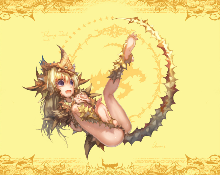 bad_id bad_pixiv_id barefoot blonde_hair blue_eyes claws dragon_girl feet female interlocked_fingers lizard_tail long_hair monster_girl observerz oerba_yun_fang open_mouth original reptile_girl soles solo tail thorns yellow_background