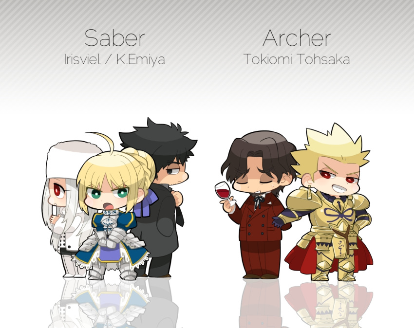 2girls 3boys ahoge alcohol armor artoria_pendragon_(fate) bad_id bad_pixiv_id black_hair blonde_hair boots chibi closed_eyes emiya_kiritsugu facial_hair fate/zero fate_(series) gilgamesh_(fate) goatee green_eyes hat irisviel_von_einzbern long_hair multiple_boys multiple_girls pantyhose reflection saber_(fate) shitappa stubble thigh_boots thighhighs tohsaka_tokiomi white_hair wine