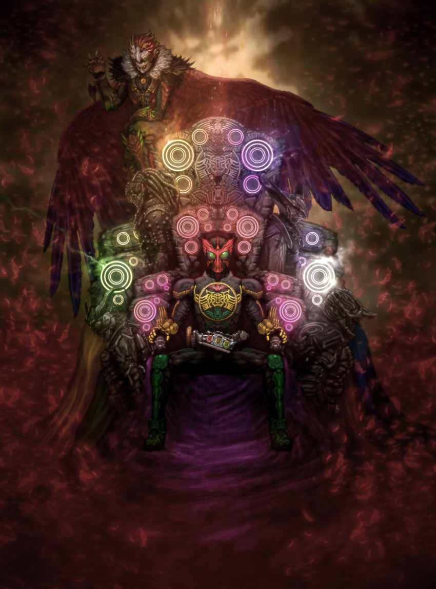 ankh_(ooo) belt commentary_request gamel highres kamen_rider kamen_rider_ooo kamen_rider_ooo_(series) katou_yuu kazari_(ooo) md5_mismatch mezul photoshop_(medium) sitting throne uva wings