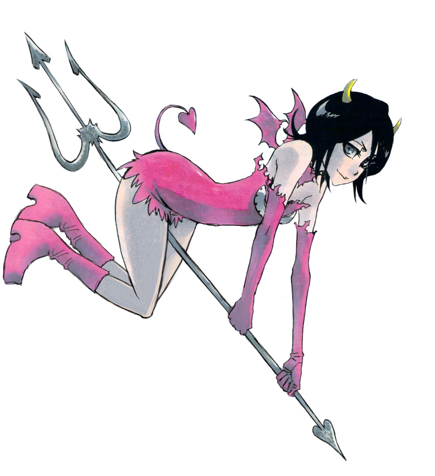 bare_shoulders bat_wings black_hair bleach blue_eyes boots demon_tail demon_wings dress elbow_gloves female gloves hair_between_eyes highres horns kubo_tite kuchiki_rukia mini_wings platform_footwear platform_heels polearm riding short_dress short_hair solo straddling tail trident unconventional_broom weapon wings