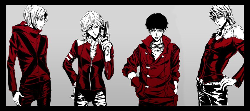 4boys akira_(manga) bad_id bad_pixiv_id barnaby_brooks_jr. belt color_connection crossover glasses gloves gun high_contrast highres jacket jumpsuit kaneda_shoutarou_(akira) male_focus multiple_boys persona persona_2 persona_2_batsu red_jacket romeothedope shin_megami_tensei shin_megami_tensei_i spot_color studded_belt suou_tatsuya suou_tatsuya_(persona_2_batsu) tiger_&_bunny weapon yuji_(megami_tensei)