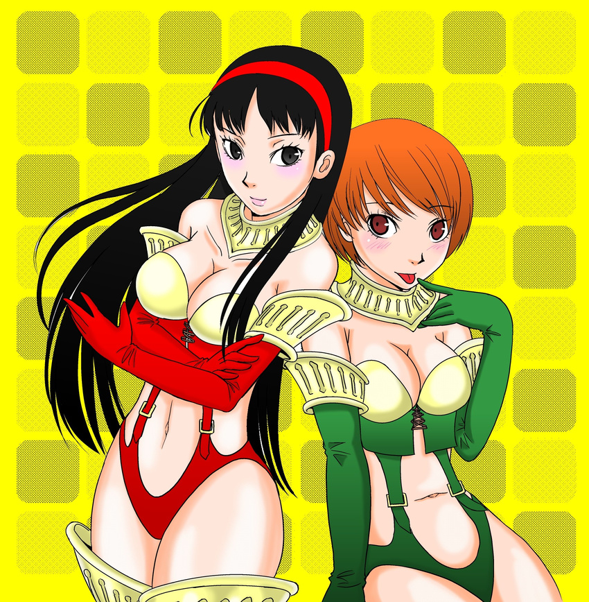 2girls alternate_costume amagi_yukiko bare_shoulders black_hair breasts cleavage hairband high-cut_armor highres long_gloves long_hair looking_at_viewer midriff multiple_girls navel persona persona_4 satonaka_chie short_hair suspenders thighhighs tongue tongue_out