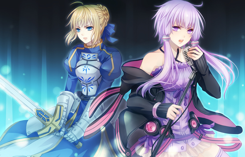 2girls ahoge artoria_pendragon_(fate) blonde_hair blue_eyes commentary_request crossover excalibur_(fate/stay_night) fate/stay_night fate_(series) hair_ornament hood hood_down microphone multiple_girls purple_eyes purple_hair saber_(fate) short_hair_with_long_locks sidelocks vocaloid voiceroid yamaneko514 yuzuki_yukari