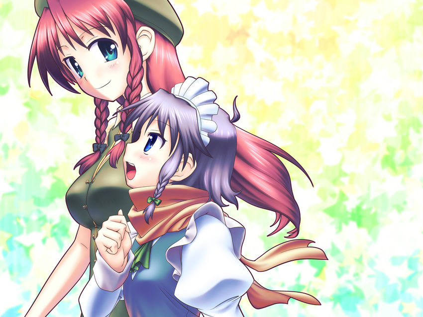 2girls aged_down blue_eyes braid commentary_request fumotono_mikoto grey_hair hat height_difference hong_meiling izayoi_sakuya long_hair maid maid_headdress multiple_girls red_hair scarf short_hair touhou twin_braids upper_body