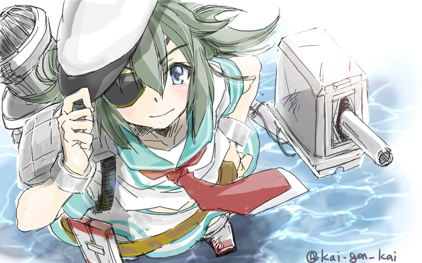 adjusting_clothes adjusting_headwear commentary_request eyepatch female green_hair hair_between_eyes hat kai_(akamekogeme) kantai_collection kiso_(kancolle) long_hair looking_at_viewer looking_up neckerchief school_uniform serafuku solo standing standing_on_liquid twitter_username