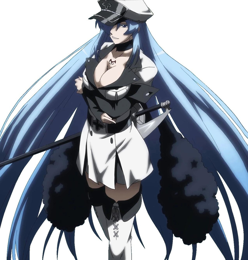 akame_ga_kill! aqua_hair blue_eyes blue_hair boots breasts cleavage esdeath esdese female hair_over_one_eye hat highres large_breasts long_hair looking_at_viewer military military_uniform peaked_cap simple_background skirt solo standing sword thigh_boots thighhighs thighs uniform very_long_hair weapon white_background white_legwear