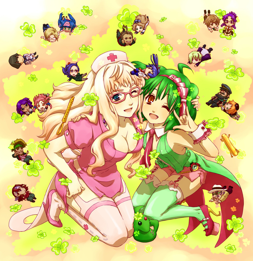 6+boys 6+girls \m/ ai-kun alien bad_id bad_pixiv_id bespectacled blonde_hair blue_eyes bobby_margot breasts brera_sterne canaria_berstein catherine_glass cellphone chibi cleavage elmo_kridanik everyone glasses grace_o'connor green_hair green_legwear hand_on_another's_shoulder hat highres jeffrey_wilder klan_klein large_breasts luca_angeloni macross macross_frontier macross_frontier:_sayonara_no_tsubasa matsuura_nanase meltrandi mikhail_buran mina_roshan mini_person miniboy minigirl mishima_leon monica_lang multiple_boys multiple_girls n.u.n.s. nurse nurse_cap oerba_yun_fang one_eye_closed open_mouth ozma_lee parody phone pink_legwear ram_hoa ranka_lee red_eyes s.m.s. saotome_alto sheryl_nome small_breasts thighhighs vajra_(macross) yomoya zentradi