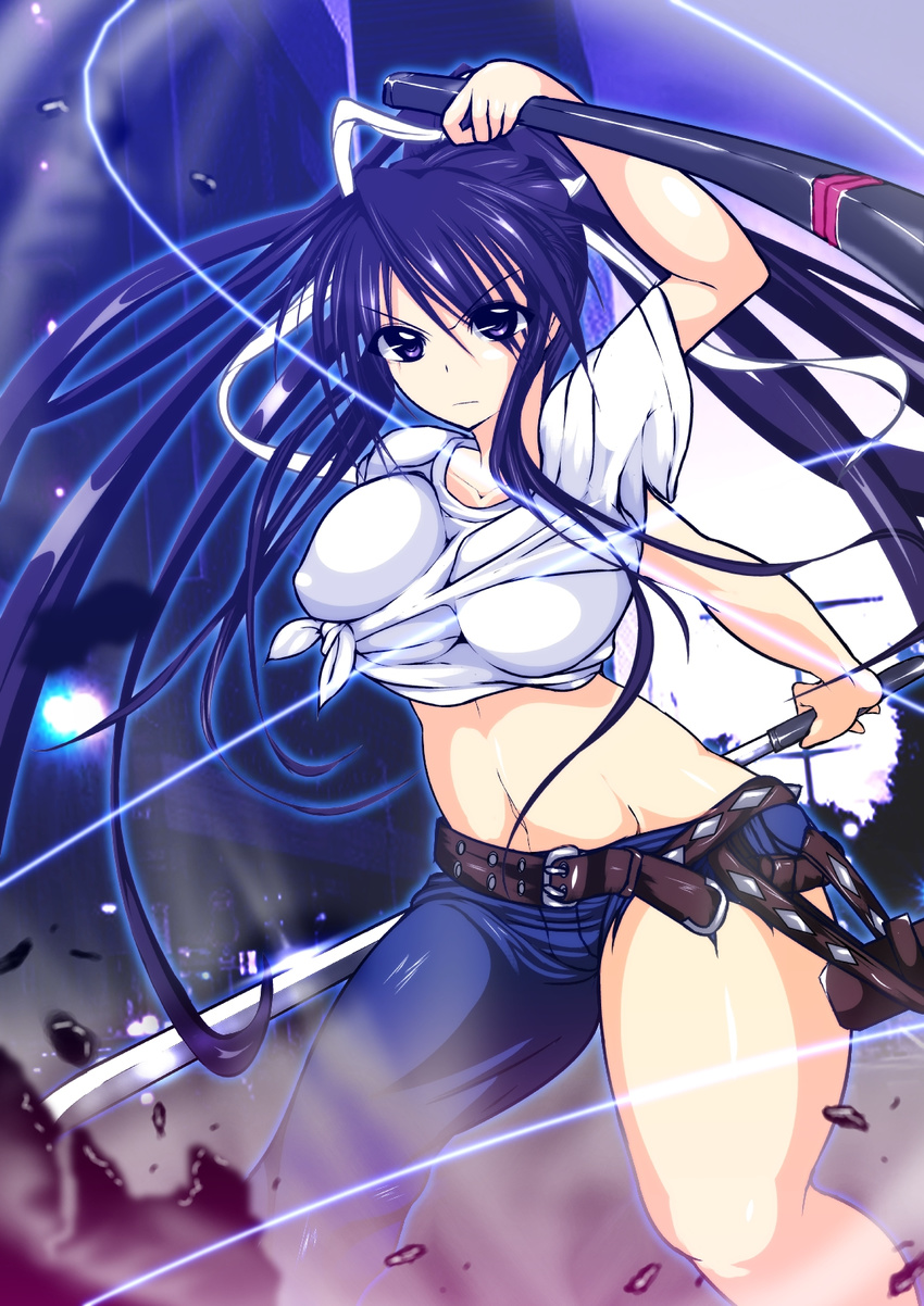 asymmetrical_clothes asymmetrical_legwear azuma_(farusiong) belt black_hair blush breasts commentary_request crop_top curvy female garrote hair_ribbon highres holding holding_sheath holding_sword holding_weapon kanzaki_kaori katana large_breasts long_hair midriff navel ootachi ponytail purple_eyes purple_hair ribbon sheath shichiten_shichitou shirt single_pantsleg solo stomach sword thick_thighs thighs tied_shirt toaru_majutsu_no_index unsheathed very_long_hair weapon wire