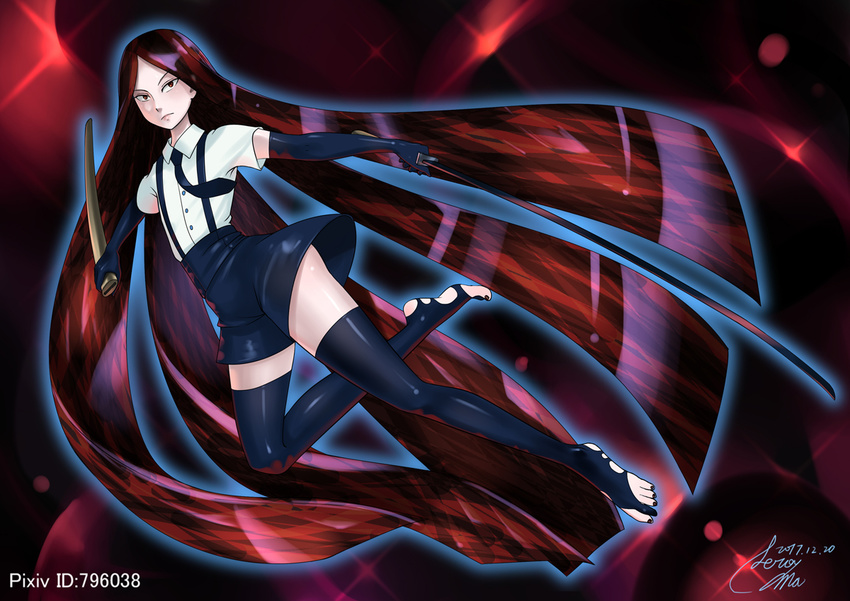 1other absurdly_long_hair androgynous black_gloves black_thighhighs bort commentary elbow_gloves english_commentary gem_uniform_(houseki_no_kuni) gloves hertro houseki_no_kuni kneehighs long_hair multicolored_hair necktie overalls photoshop_(medium) short_sleeves shorts socks sword thighhighs torn_clothes torn_socks very_long_hair weapon