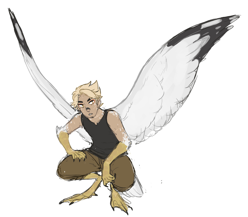 4_toes alternate_species animal_humanoid anisodactyl avian avian_feet avian_humanoid bird bird_humanoid black_body black_feathers blonde_hair bottomwear clothed clothing crouching dirk_strider facial_hair feathers feet gemskull goatee gull_humanoid hair hi_res homestuck humanoid lari larid larid_humanoid male mammal ms_paint_adventures pants simple_background solo talons tan_body tan_skin toes white_body white_feathers wings yellow_body yellow_eyes yellow_skin