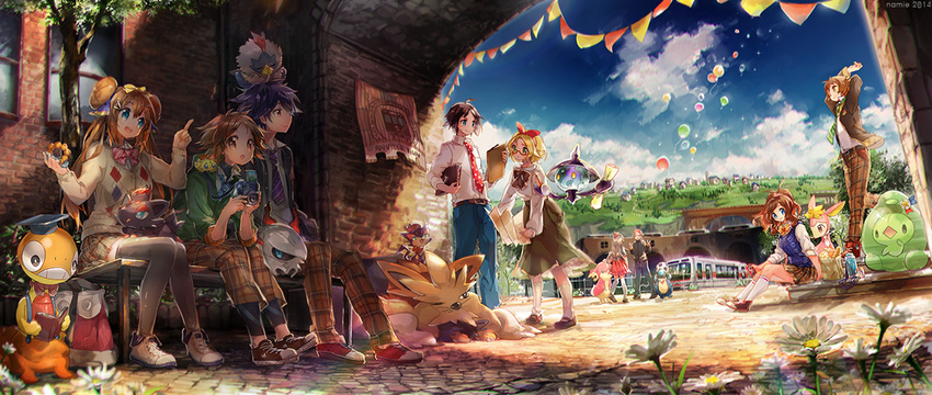 5boys :d :o alternate_costume animal animal_on_head animal_on_lap animal_on_shoulder antenna_hair argyle argyle_sweater arms_behind_head audino bad_id bad_pixiv_id bag ball balloon bangs baseball_cap bel_(pokemon) belt bench black_hair black_legwear blazer blonde_hair blue_eyes blue_pants blue_sky book bow bowtie brick_wall brown_eyes brown_hair camera cheren_(pokemon) cloud container cross-laced_footwear daisy day deerling double_bun double_v doughnut duosion flower food gen_5_pokemon glasses green_jacket green_skirt ground_vehicle hair_ornament hair_ribbon hairbow hairclip handbag hat holding holding_book holding_camera holding_food hue_(pokemon) index_finger_raised jacket joltik kyouhei_(pokemon) lampent larvesta long_hair looking_at_another looking_to_the_side mary_janes mei_(pokemon) messy_hair mortarboard multiple_boys multiple_girls namie-kun necktie on_head open_book open_clothes open_jacket open_mouth outdoors palpitoad pants paper paper_bag pavement pennant plaid plaid_pants plaid_skirt pokemon pokemon_(creature) pokemon_(game) pokemon_bw pokemon_bw2 polka_dot_neckwear pon_de_ring purple_hair purrloin reading red-framed_eyewear red_skirt ribbon rufflet scraggy semi-rimless_eyewear shade shirt shoes short_hair sign sitting skirt sky smile sneakers soccer_ball socks stoutland string_of_flags striped striped_bow striped_neckwear sunlight sweater sweater_vest thighhighs touko_(pokemon) touya_(pokemon) town train tree under-rim_eyewear v white_legwear white_shirt zorua