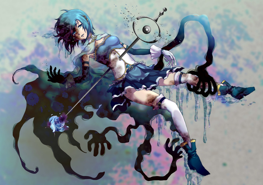 blue_eyes blue_hair cape commentary_request female grief_seed impaled kazura_enji magical_girl mahou_shoujo_madoka_magica mahou_shoujo_madoka_magica_(anime) miki_sayaka miki_sayaka_(magical_girl) multiple_hands short_hair solo spoilers tears thighhighs