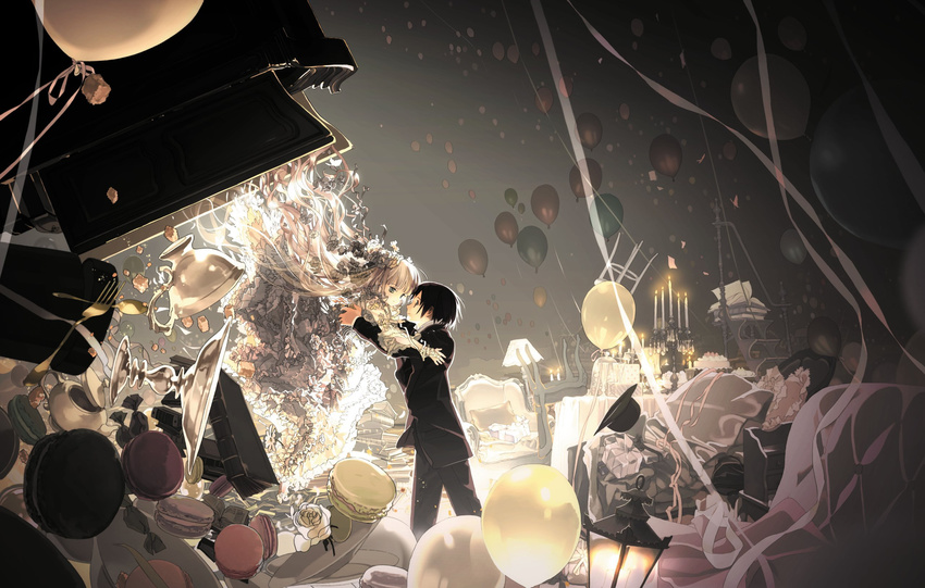 1boy balloon black_hair blonde_hair book catching chair cup cupboard dress female floating floating_object flower food fork formal frilled_dress frills gift gosick hair_ornament hat highres kujou_kazuya lantern long_hair macaron official_art open_book pillow plate rose spoon stairs suit sweets takeda_hinata teacup too_many too_many_frills very_long_hair victorica_de_blois white_flower white_rose