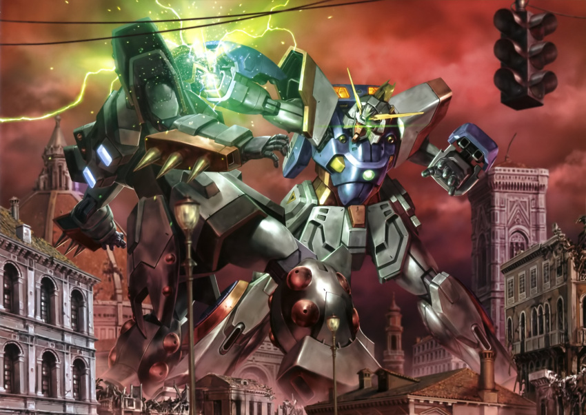 artist_request battle building city collateral_damage g_gundam gundam highres mecha neros_gundam no_humans non-web_source robot shining_finger shining_gundam sky