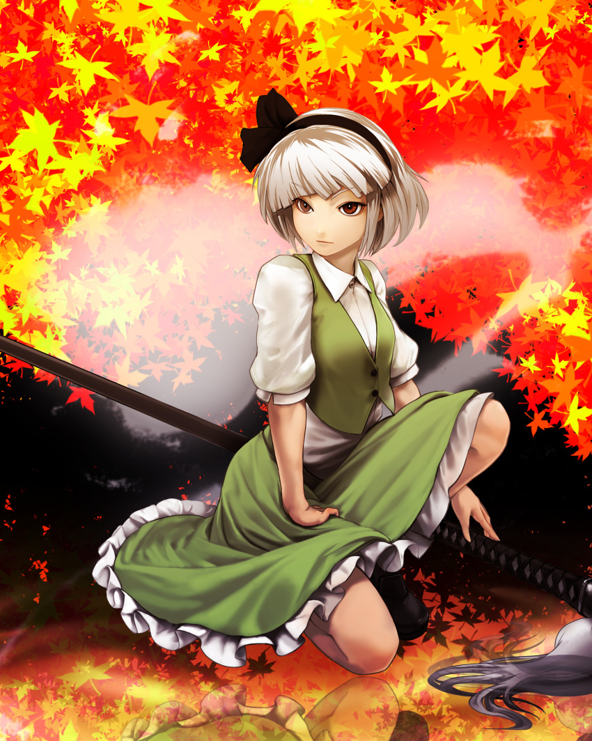 absurdres artistic_error bad_id bad_pixiv_id bad_reflection black_hairband bow brown_eyes female hair_ribbon hairband highres katana konpaku_youmu konpaku_youmu_(ghost) leaf maple_leaf nekoita on_one_knee photoshop_(medium) reflection ribbon short_hair skirt solo sword touhou weapon white_hair