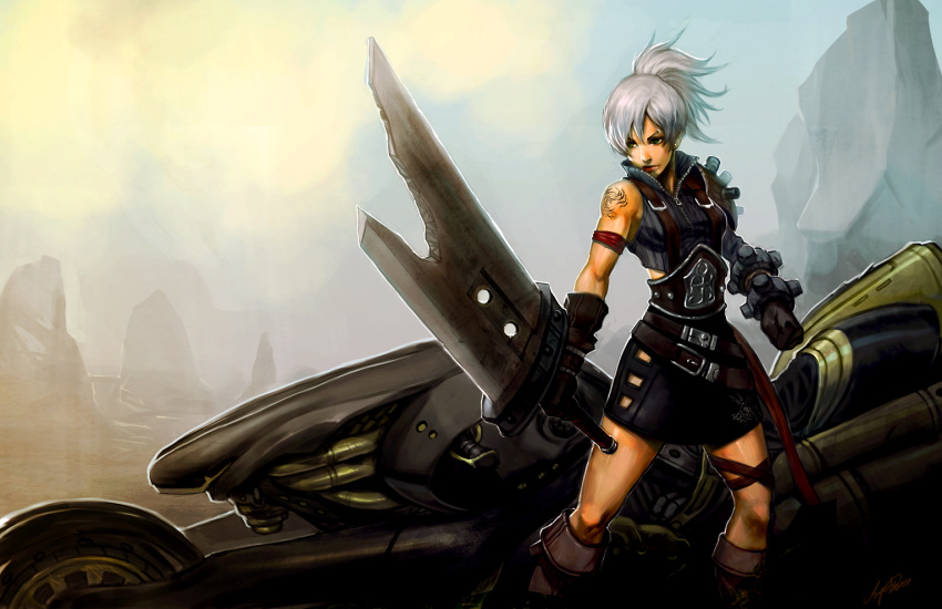 boots broken broken_sword broken_weapon buster_sword cloud_strife cloud_strife_(cosplay) commentary cosplay english_commentary female final_fantasy final_fantasy_vii gauntlets green_eyes grey_hair league_of_legends motor_vehicle motorcycle orenji-kun photoshop_(medium) ponytail riven_(league_of_legends) short_hair shoulder_pads skirt solo sword tattoo weapon