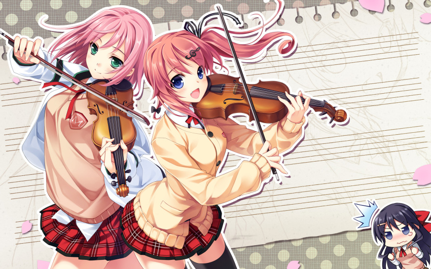 3girls :d ^^^ black_hair black_legwear blue_eyes cardigan chibi green_eyes hair_ornament hair_ribbon hairclip highres instrument multiple_girls musical_note ninomae_sakura nonomiya_ai oerba_yun_fang open_mouth pink_hair plaid plaid_skirt red_hair ribbon riv_(rivleaf) school_uniform shunki_gentei_poco_a_poco! side_ponytail skirt smile sweater_vest thighhighs violin wavy_mouth yuuki_natsumi zettai_ryouiki