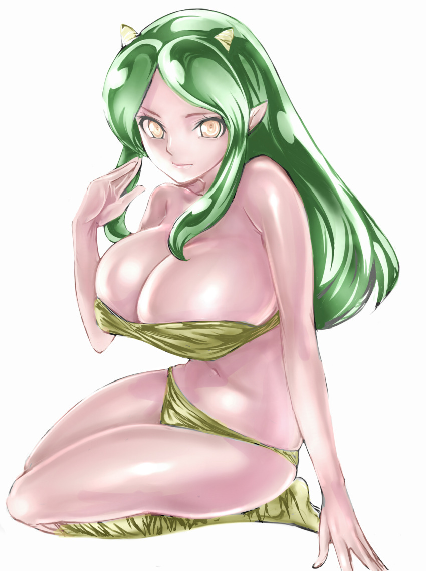 animal_print bad_id bad_pixiv_id bare_shoulders bikini breasts cleavage dodai_shouji female green_bikini green_hair highres horns large_breasts long_hair lum oni pointy_ears print_bikini print_socks simple_background socks solo swimsuit tiger_print urusei_yatsura yellow_eyes