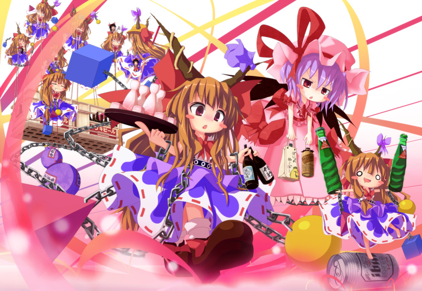 6+girls =_= alcohol annoyed ascot ball_and_chain_restraint bat_wings beer black_hair blush blush_stickers bottle bow brown_hair can carrying chains chibi clone closed_eyes commentary_request cube cup dress gohei gourd hairbow hakurei_reimu hard_hat hat helmet highres horn_ornament horn_ribbon horns ibuki_suika long_hair multiple_girls o_o oerba_yun_fang on_head open_mouth person_on_head pyramid_(geometry) red_eyes remilia_scarlet ribbon saitoqwerty sake short_hair sitting skirt smile touhou tray wings