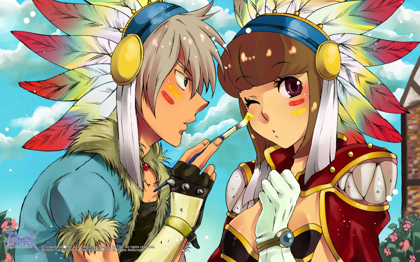 1boy alternate_color aqua_background artist_request brown_eyes brown_hair cloud couple creator_(ragnarok_online) day feathers female fingerless_gloves fur-trimmed_jacket fur_trim gloves hat headdress highres jacket native_american native_american_headdress one_eye_closed paint paintbrush ragnarok_online sky stalker_(ragnarok_online) straight tribal warbonnet white_gloves