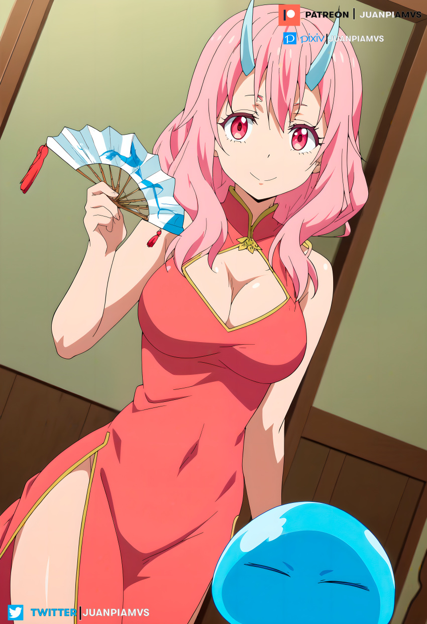 ai_generated big_breasts chinese_clothes curvy curvy_figure fan garter_straps horns juanpi_amvs long_hair patreon patreon_username pink_eyes pink_hair shuna_(tensei_shitara_slime_datta_ken) slime tensei_shitara_slime_datta_ken watermark