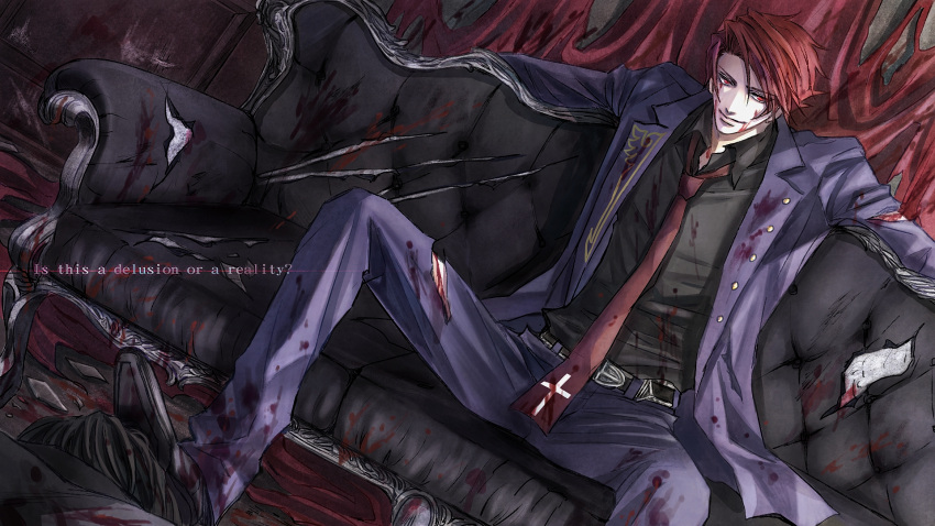 1boy black_battler blood couch cross dark_persona english_text formal highres injury kaoru male_focus necktie ougon_musou_kyoku purple_theme red_eyes red_hair shoes sitting smile solo suit torn_clothes umineko_no_naku_koro_ni ushiromiya_battler