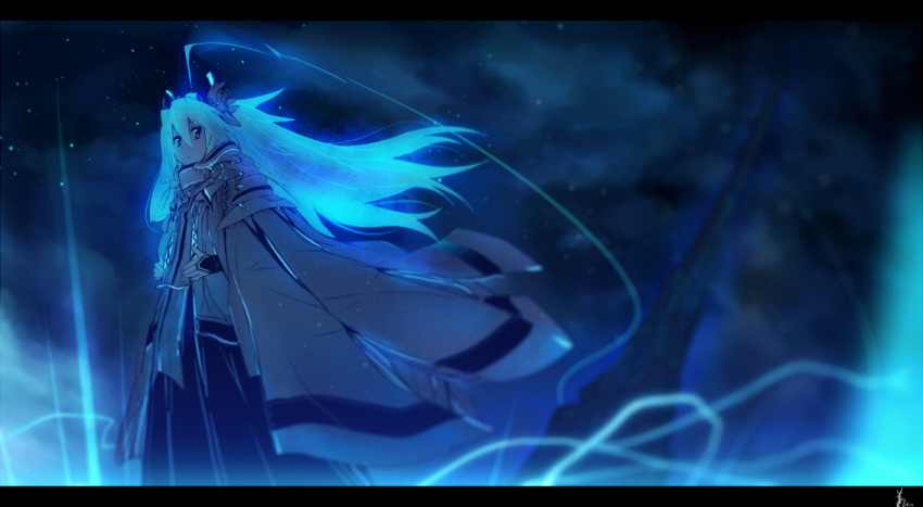 ahoge akaitera animal_ears bad_id bad_pixiv_id banned_artist blue blue_hair blurry cape depth_of_field glowing glowing_hair letterboxed long_hair nana_muted_xilofon night original sky solo star_(sky) starry_sky wind