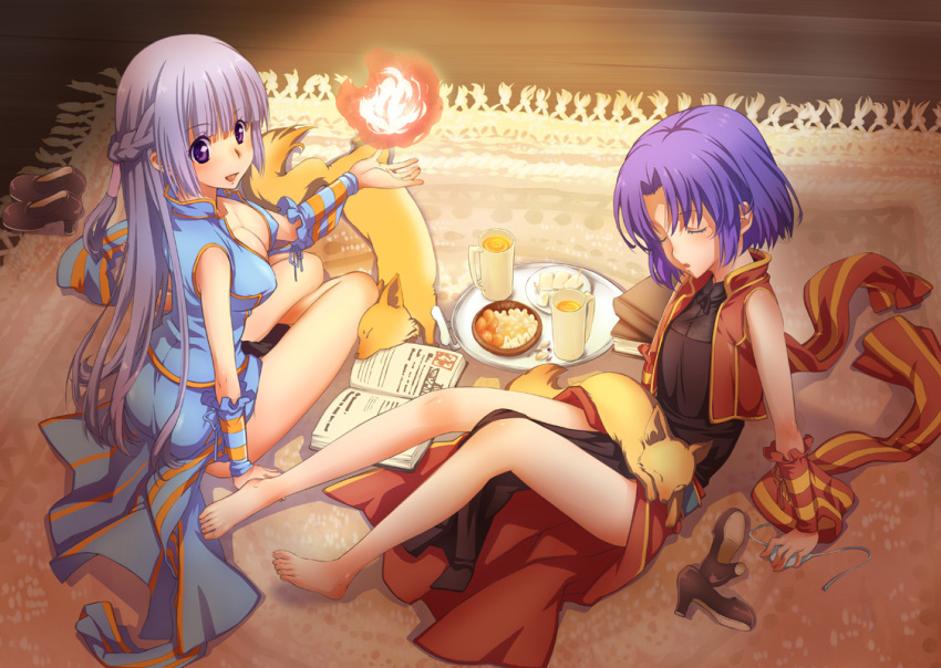 2girls bare_legs barefoot book breasts cleavage closed_eyes commentary_request feet fire fireball food fox grey_hair kawagoe_pochi medium_breasts multiple_girls photoshop_(medium) professor_(ragnarok_online) purple_eyes purple_hair ragnarok_online shoes sleeping smile unworn_shoes