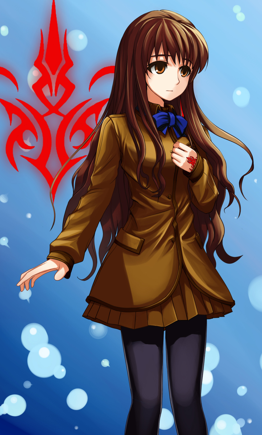 absurdres black_pantyhose blue_bow blue_bowtie bow bowtie brown_eyes brown_hair command_spell commentary_request fate/extra fate_(series) female highres kishinami_hakuno_(female) long_hair pantyhose photoshop_(medium) rhy1356 school_uniform solo tsukumihara_academy_uniform_(fate/extra)