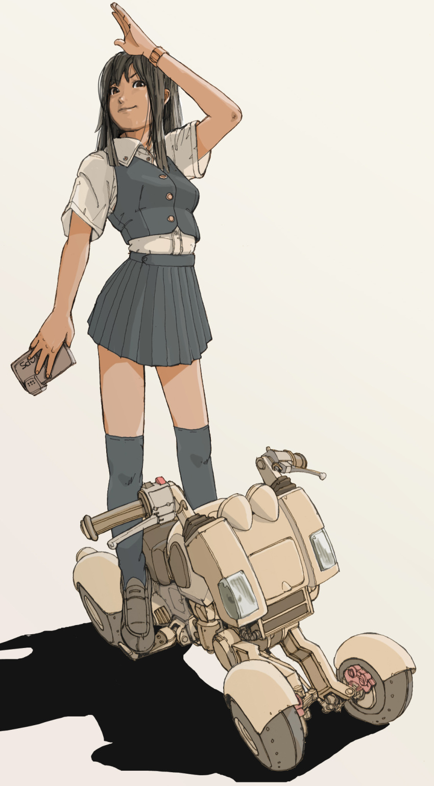 all-terrain_vehicle bad_id bad_pixiv_id black_eyes black_hair commentary_request female grey_thighhighs highres motor_vehicle motorcycle original over-kneehighs photoshop_(medium) salute shadow simple_background skirt smile solo standing sukabu thighhighs watch wristwatch zettai_ryouiki